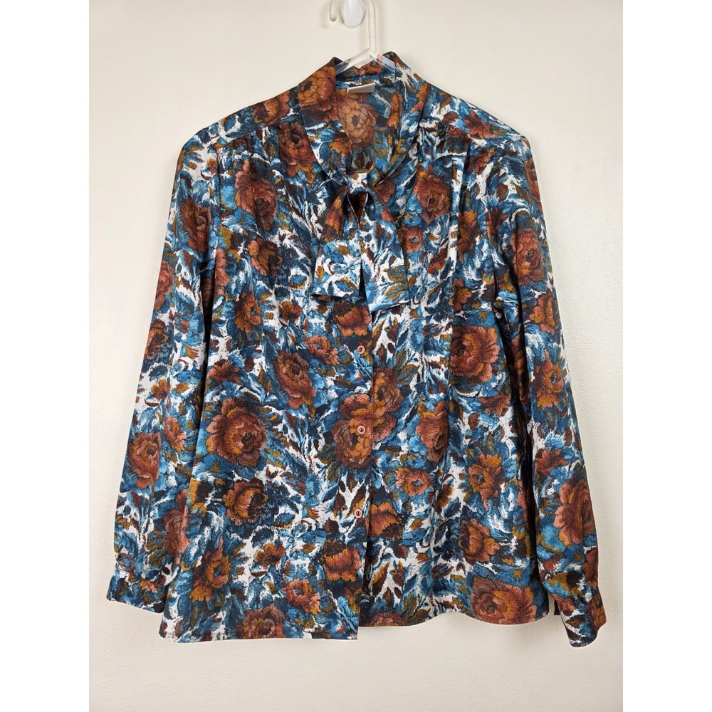 Pykettes Blouse Womens‎ M Teal & Rust Floral Tie Neck Shoulder Pads Button Up